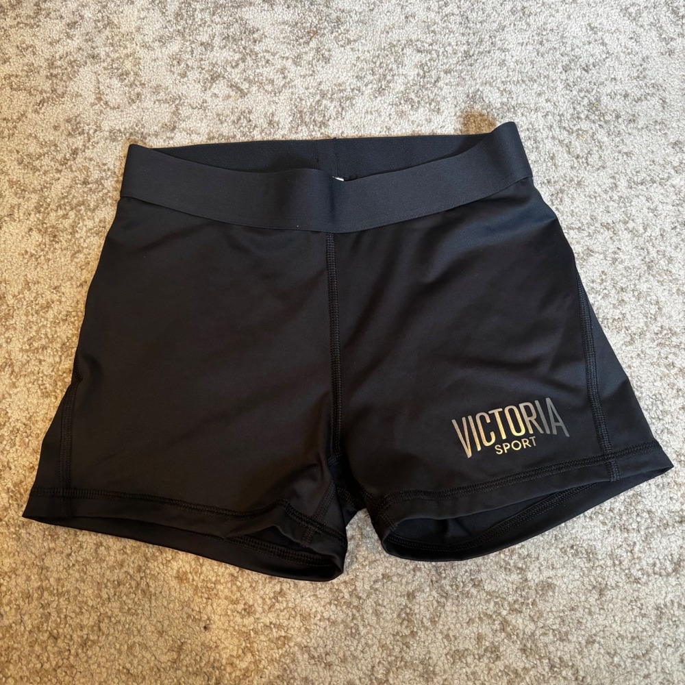 Victoria Sport Womens Black Compression Athletic Shorts Silver Logo Size Small